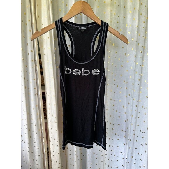 Bebe Y2K Women's Signature Swarovski Crystals Logo Ribbed Scoop Neck Tank Top M - Picture 2 of 6